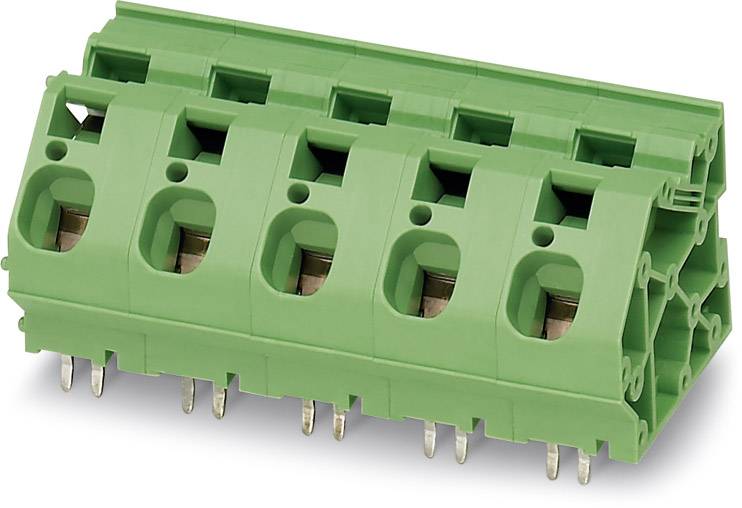 Groene printplaatklem met meerdere contacten, geschikt voor elektrische verbindingen op printplaten.