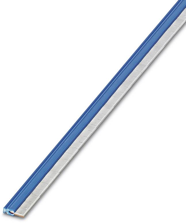 Blauwe en zilveren liniaal in diagonaal aanzicht, toont centimeter- en millimeterschaalverdeling voor lengtemetingen.