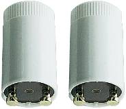 Twee witte cilindrische LED-starters. Ze hebben onderaan metalen contacten die worden gebruikt voor installatie in armaturen.