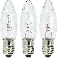 Drie heldere, kaarsvorming gloeilampen naast elkaar. Ze hebben een E14-fitting en zijn bedoeld voor decoratieve verlichting.
