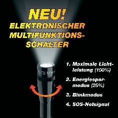 'Nieuw! Elektronische multifunctionele schakelaar' boven een zwart-zilveren zaklamp. Functies: maximale lichtopbrengst, energiebesparingsmodus, SOS-modus, knippersignaal.