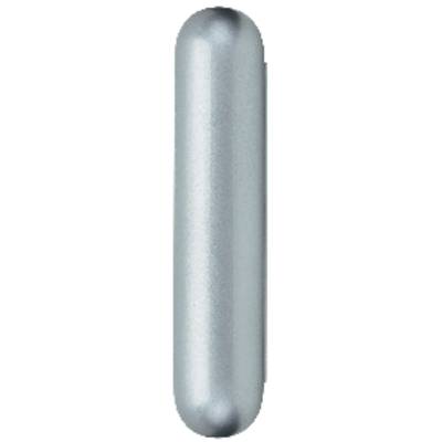 Een langwerpige, zilverachtig glanzende capsule of tablet in close-up tegen een witte achtergrond.