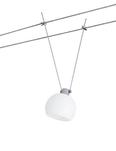 Hanglamp op twee parallel lopende draden, moderne stijl, witte lampenkap, geschikt voor hedendaagse interieurs.