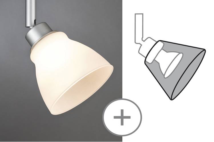 Moderne plafondlamp met witte kap links, naast een schematische weergave rechts, daaronder een rond plus-symbool.