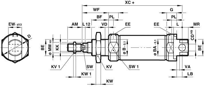 Technische tekening van een hydraulische cilinder met gedetailleerde afmetingen en labels, toont de structuur en componenten van de cilinder.
