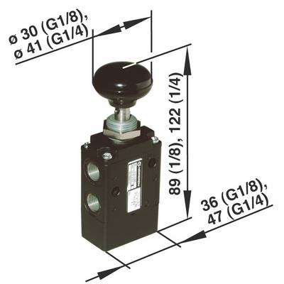 Een zwarte klep met een rond handvat bovenaan. Aan de zijkant gemarkeerd: Diameter 30 en 41 (G1/8, G1/4), hoogte 89 en 122 (1/8, 1/4), breedte 36 en 47 (G1/8, G1/4).