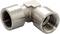 Een vernikkelde haakse metalen verbindingsstuk met binnendraad aan beide uiteinden, gebruikt in buizensystemen voor het wijzigen van richting.