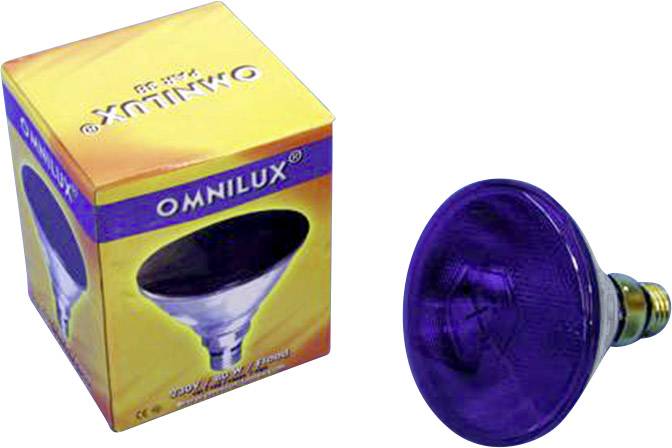 Een verpakking en een blauwe gloeilamp van het merk Omnilux; de verpakking is geel met merklogo.