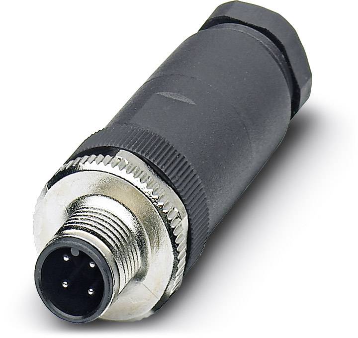 Een zwarte, cilindrische stekker met metalen ring en meerdere contactpunten, weergegeven op een witte achtergrond.