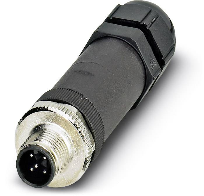 Zwarte elektronische stekker met vier pinnen en metalen schroefdraad. Ligt op een witte ondergrond.