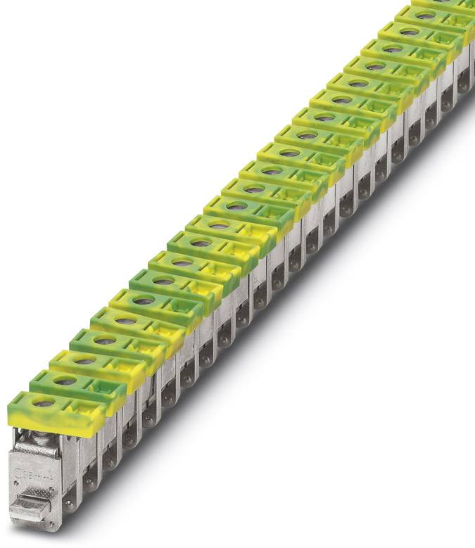Een rij geel-groene klemblokken op een metalen rail, gebruikt voor veilige bedrading in elektrische schakelkasten.