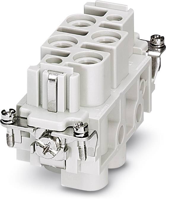 Elektrische aansluitblok met meerdere aansluitingen, twee zichtbare schroeven en een compact, lichtgrijs ontwerp.