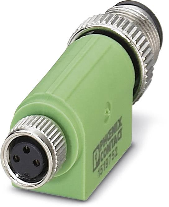 Een rechthoekige, groene stekkerverbinding voor industriële toepassingen. Markering 'Phoenix Contact 1519742'.