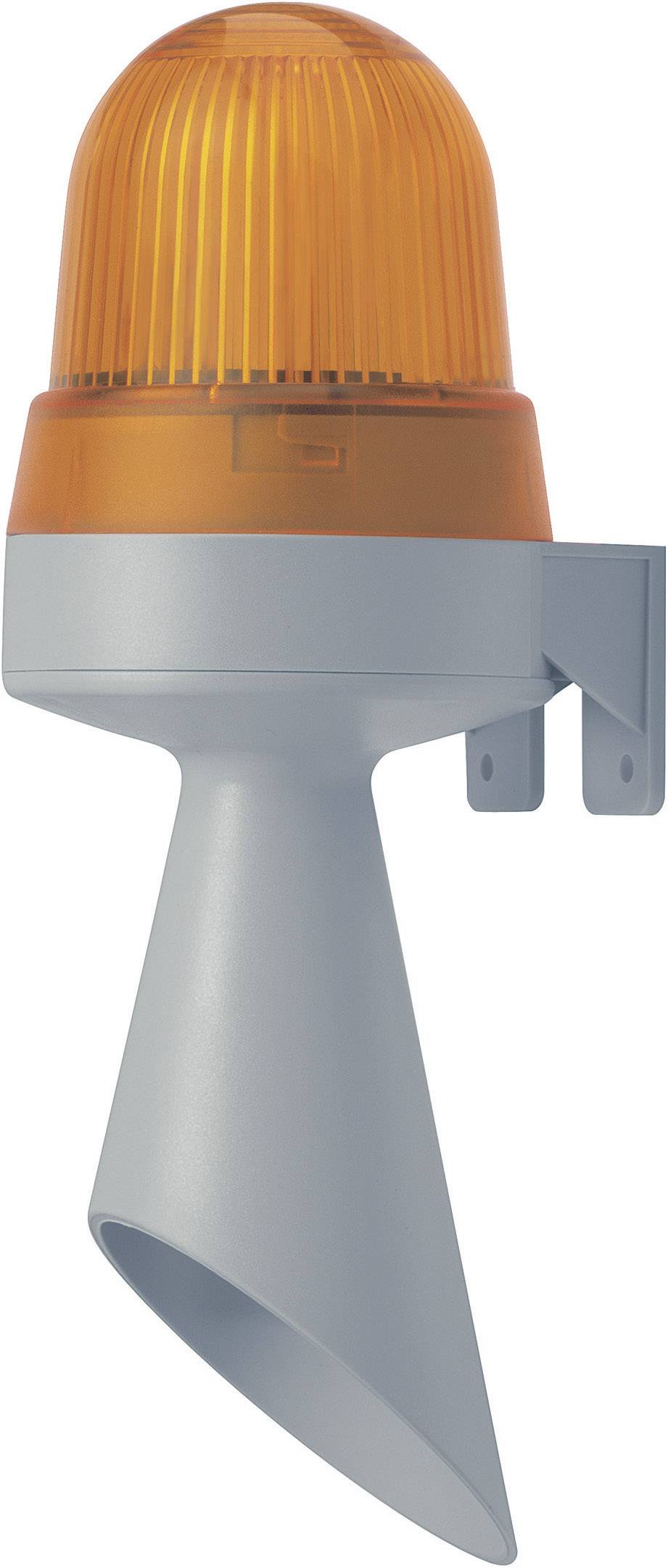 Oranje waarschuwingslamp met een grijs behuizing en montagesteun, doorgaans gebruikt voor alarm- of veiligheidstoepassingen.