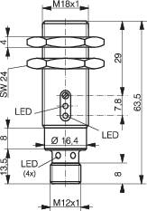 Technische tekening van een cilindrisch onderdeel met schroefdraad aan boven- en onderzijde, verschillende LED-indicatoren en maatvoering.