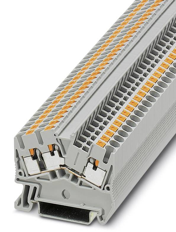 Elektrische railklem met meerdere aansluitingen, grijs behuizing, oranje draadmodules, geschikt voor montage op DIN-rail.