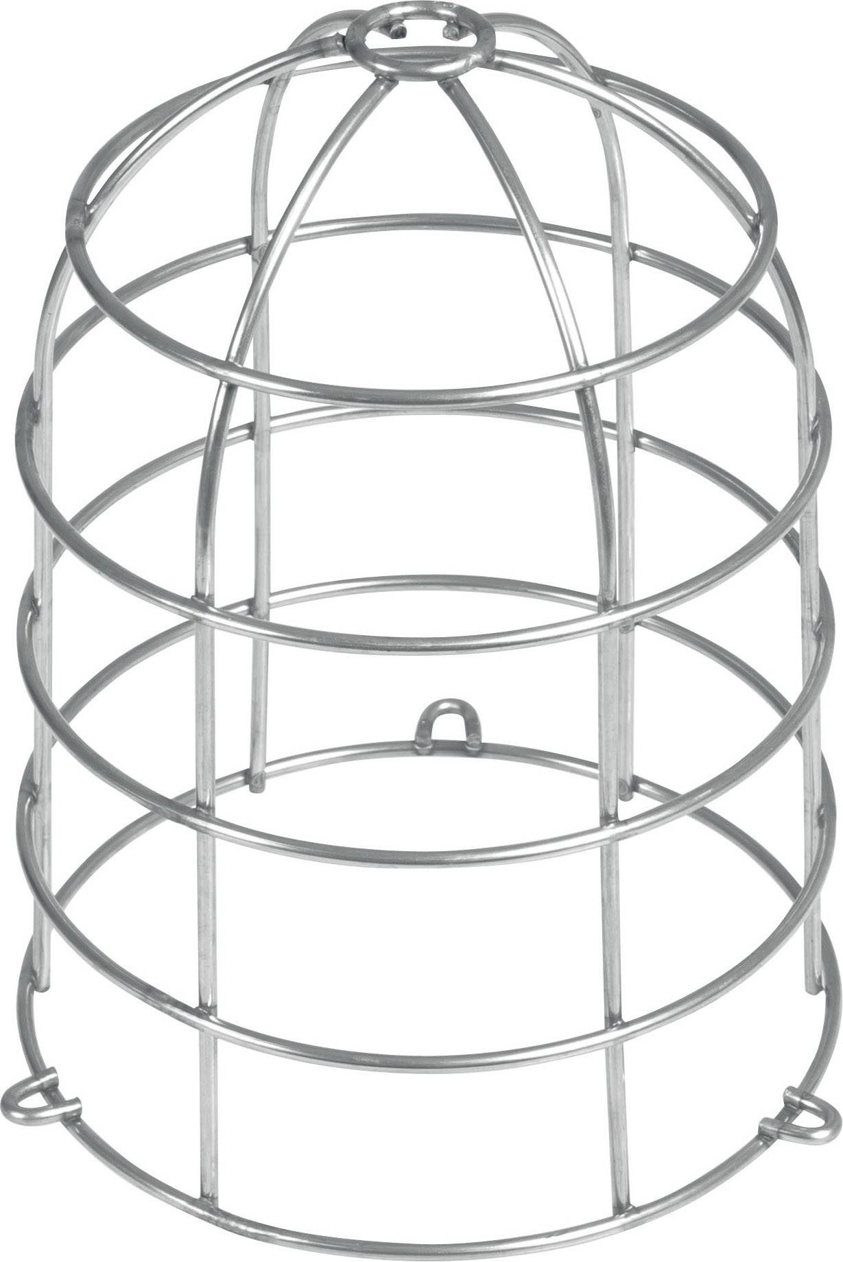 Metalen beschermkooi in cilindrische vorm met ronde horizontale en verticale staven, geschikt voor de bescherming van apparaten of lampen.