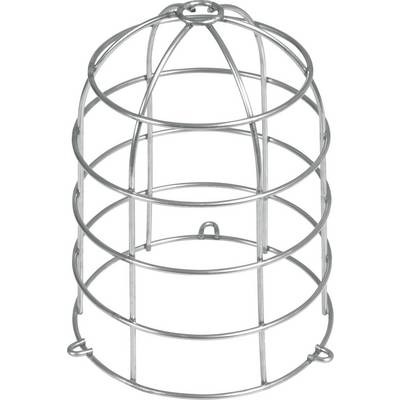 Metalen beschermkooi in cilindrische vorm met ronde horizontale en verticale staven, geschikt voor de bescherming van apparaten of lampen.