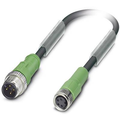 Een groen M12-stekkerkabel met metalen verbindingen aan beide uiteinden; bestemd voor het verbinden van machines of industriële installaties.