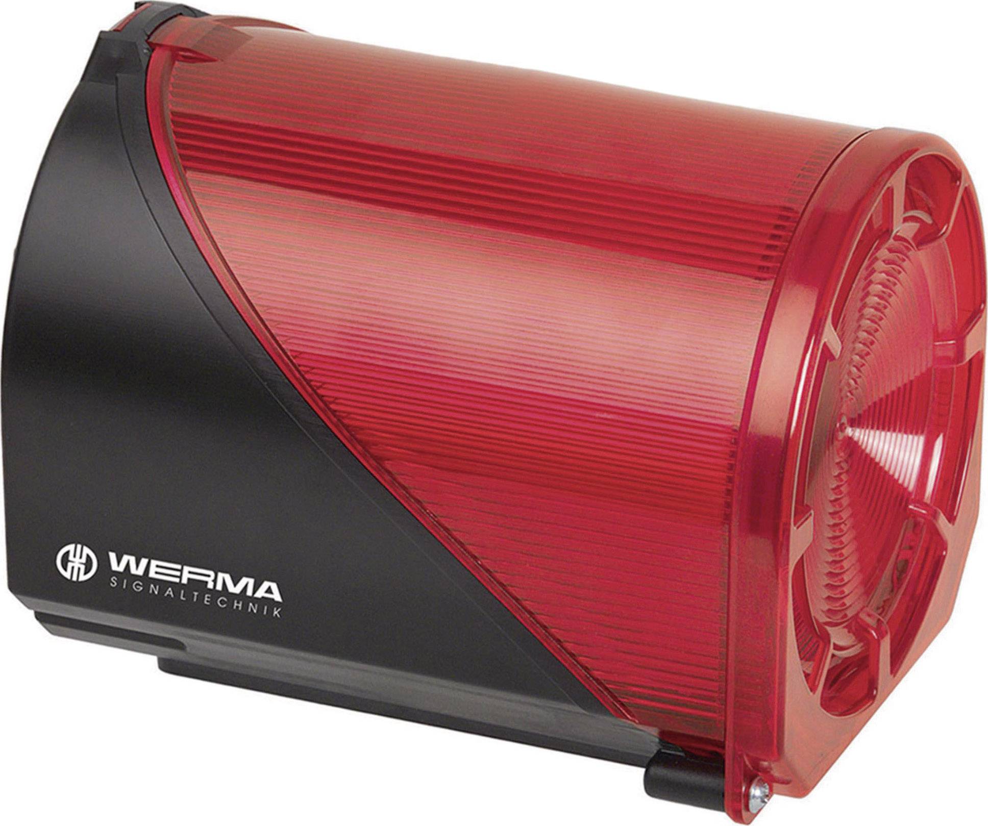Rood waarschuwingslicht van WERMA Signaltechniek in een behuizing, weergegeven van opzij. Hoofdfunctie: signalering of waarschuwing.