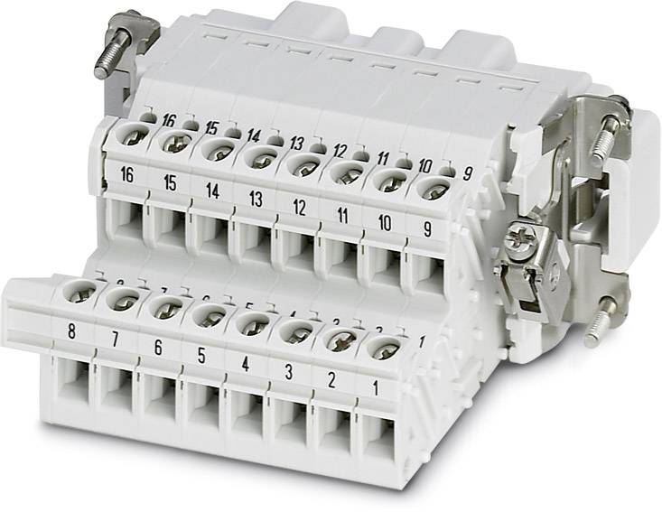 Een witte aansluitklem met 16 genummerde aansluitingen voor elektrische verbinding, schroefklemmen en metalen bevestigingen aan de zijkanten.