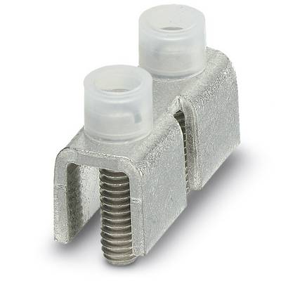 Een metalen kabelklem met twee kunststof deksels, geschikt voor het bevestigen van elektriciteitskabels op oppervlakken.