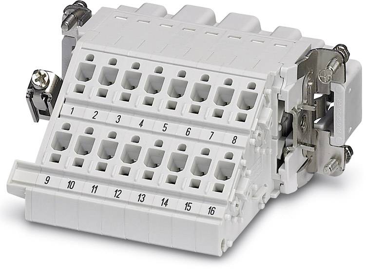 Witte elektrische aansluitklem met 16 gelabelde aansluitpunten, genummerd van 1 tot 16, met metalen bevestigingselementen.