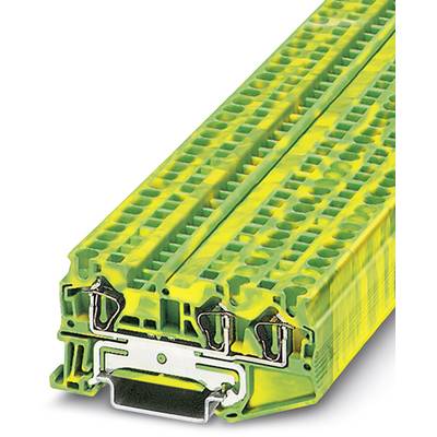 Elektrische aansluitblok met groen-gele behuizing en drie steekverbindingen. Geschikt voor industriële elektrische aansluitingen.