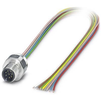 Een ronde, multipolaire stekker met een gekleurde, ontblote kabellengte. Geschikt voor het aansluiten van elektronische apparaten.