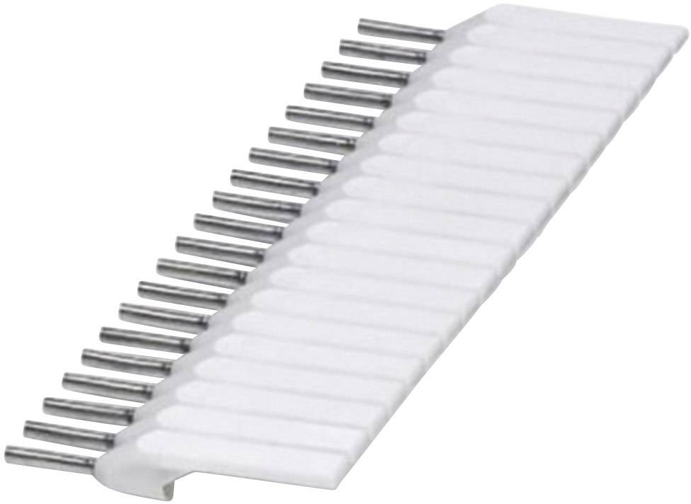 Een witte plastic kam met meerdere parallelle metalen tanden die bovenaan uitsteken, gezien vanuit een schuine hoek.