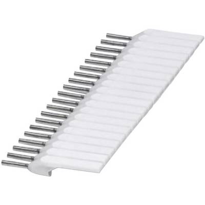 Een witte plastic kam met meerdere parallelle metalen tanden die bovenaan uitsteken, gezien vanuit een schuine hoek.