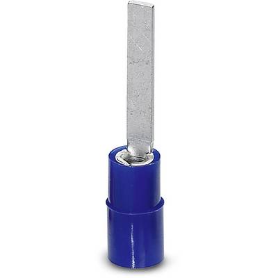 Een platte, zilveren metalen contactpunt met een blauwe kunststof behuizing, typisch gebruikt in elektrische verbindingen.