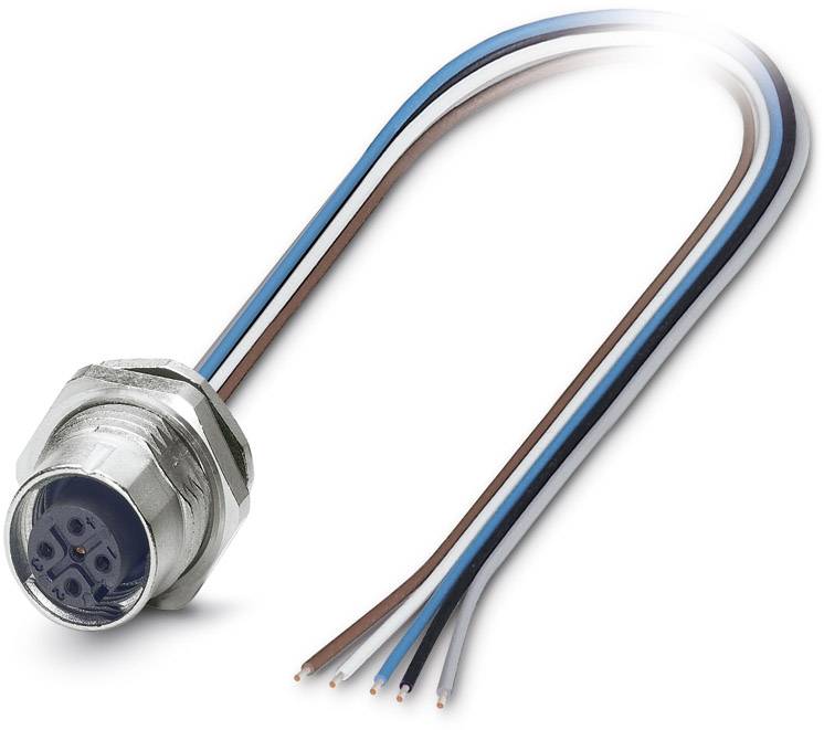 Kabel met een ronde, metalen stekker en meerdere gekleurde geleiders: blauw, bruin, grijs en wit.