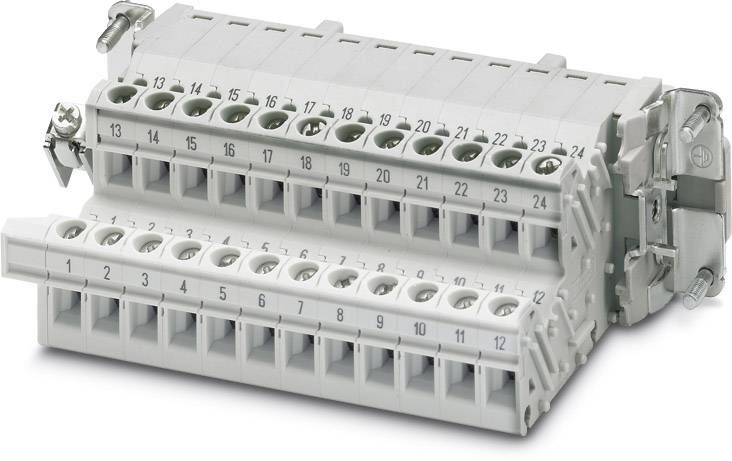 Grijs-witte elektrische aansluitklem met 24 genummerde aansluitingen.