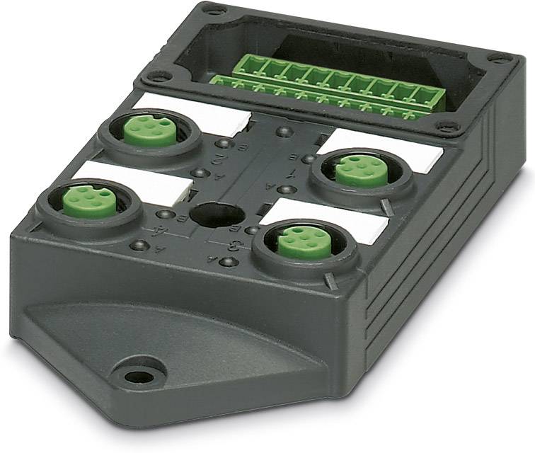 Een rechthoekig elektronisch apparaat met groene aansluitingen bovenaan en vier ronde verbindingspunten aan de zijkanten.