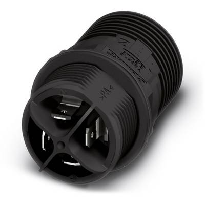 Een zwarte, cilindrische connector met meerdere metalen aansluitingen, geschikt voor industrieel gebruik.
