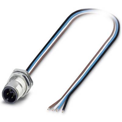 Zilveren, vierpolige ronde stekkerverbinding met aangesloten vieraderig kabel in zwart, blauw, wit en bruin.