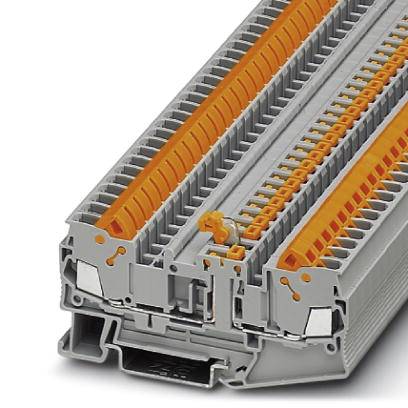Een grijze industriële connector met meerdere oranje contacten voor het verbinden van elektrische kabels.