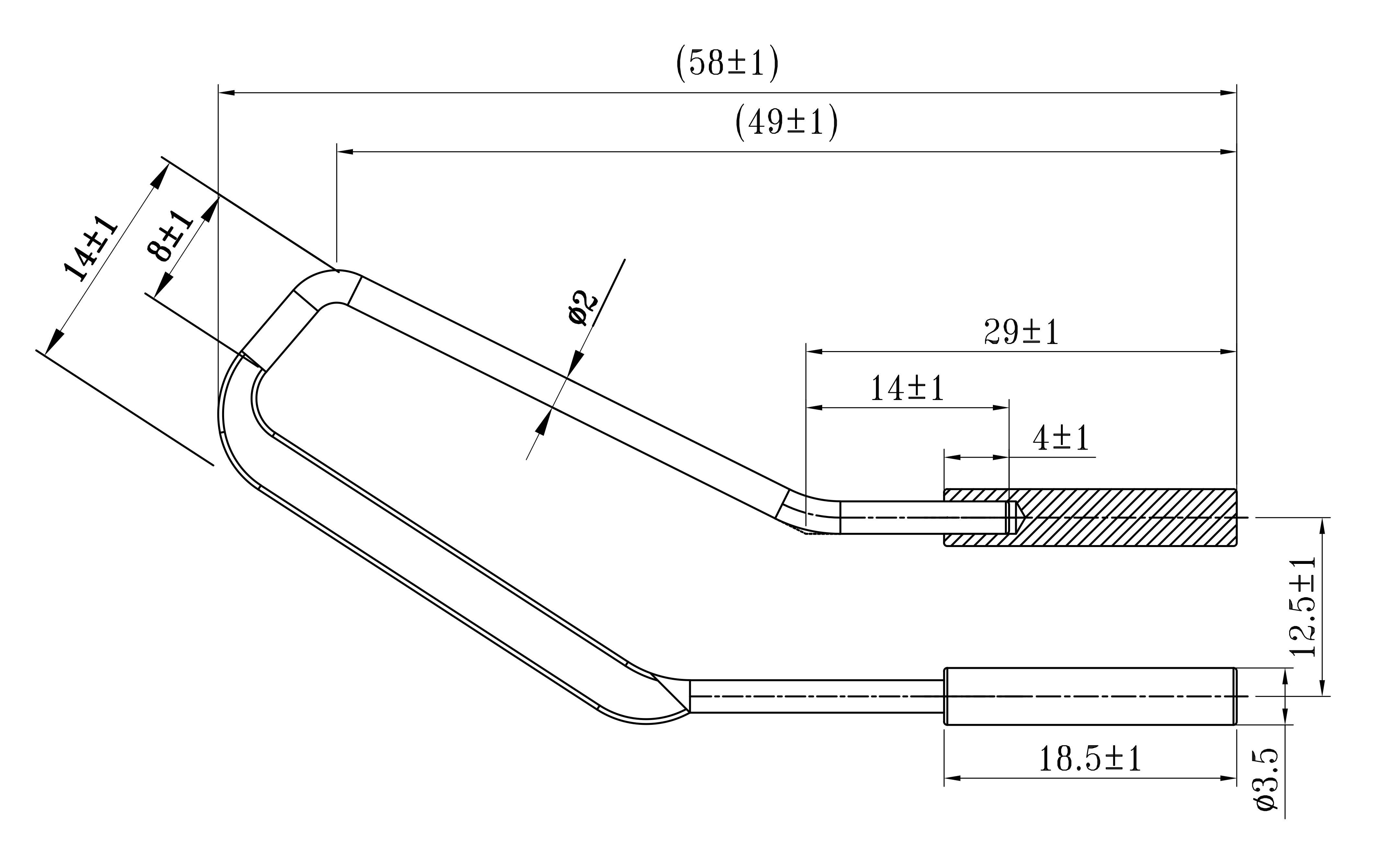 Technische tekening van een gebogen buis met afmetingen. Hoofdonderdelen: gebogen sectie, recht uiteinde, diameter en lengteaanduidingen.