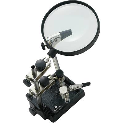 Loephouder met verstelbare armen en klemmen, gebruikt voor het vastzetten van kleine objecten voor gedetailleerd werk of soldeerwerkzaamheden.