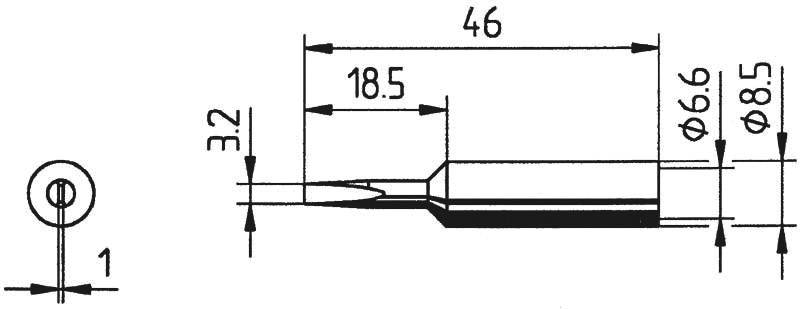Technische tekening toont afmetingen van een puntige metalen pen. Lengte 46 mm, diameter 6,6 mm en 8,5 mm, hoogte 3,2 mm.