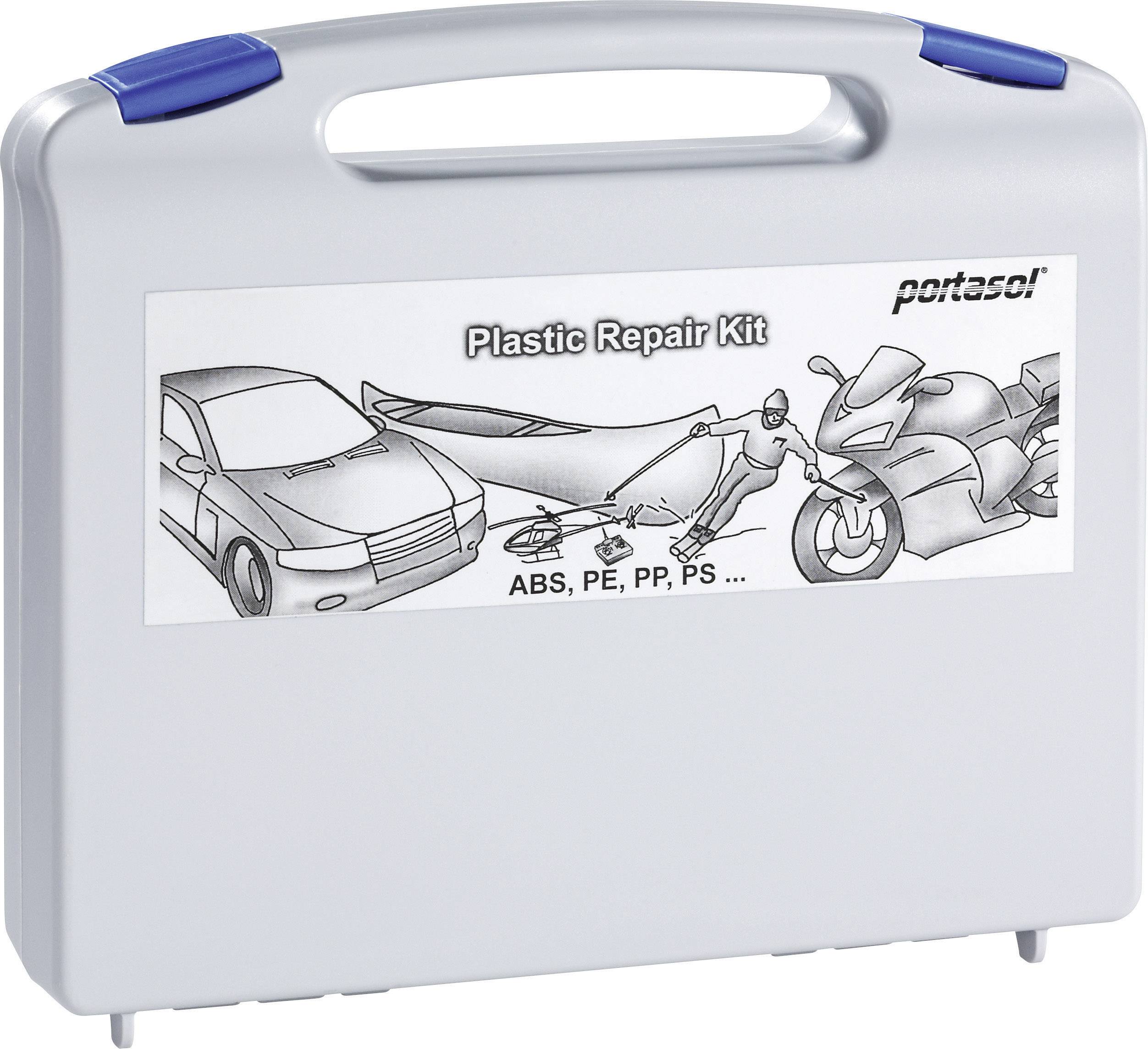 Plastic reparatieset met afbeelding van auto, vliegtuig, motorfiets. Tekst 'ABS, PE, PP, PS...' op etiket.