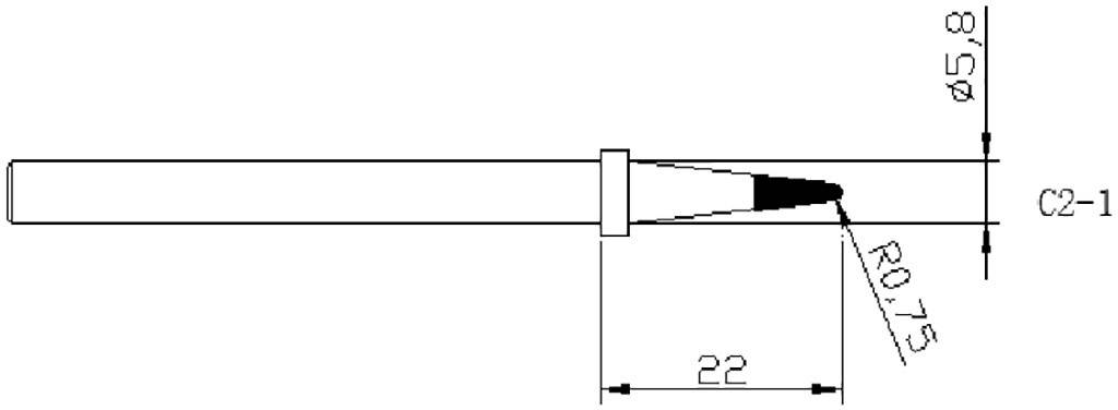 Technische tekening van een gereedschap met afmetingen: totale lengte 22, conische punt R0,75, diameter punt 8,5.