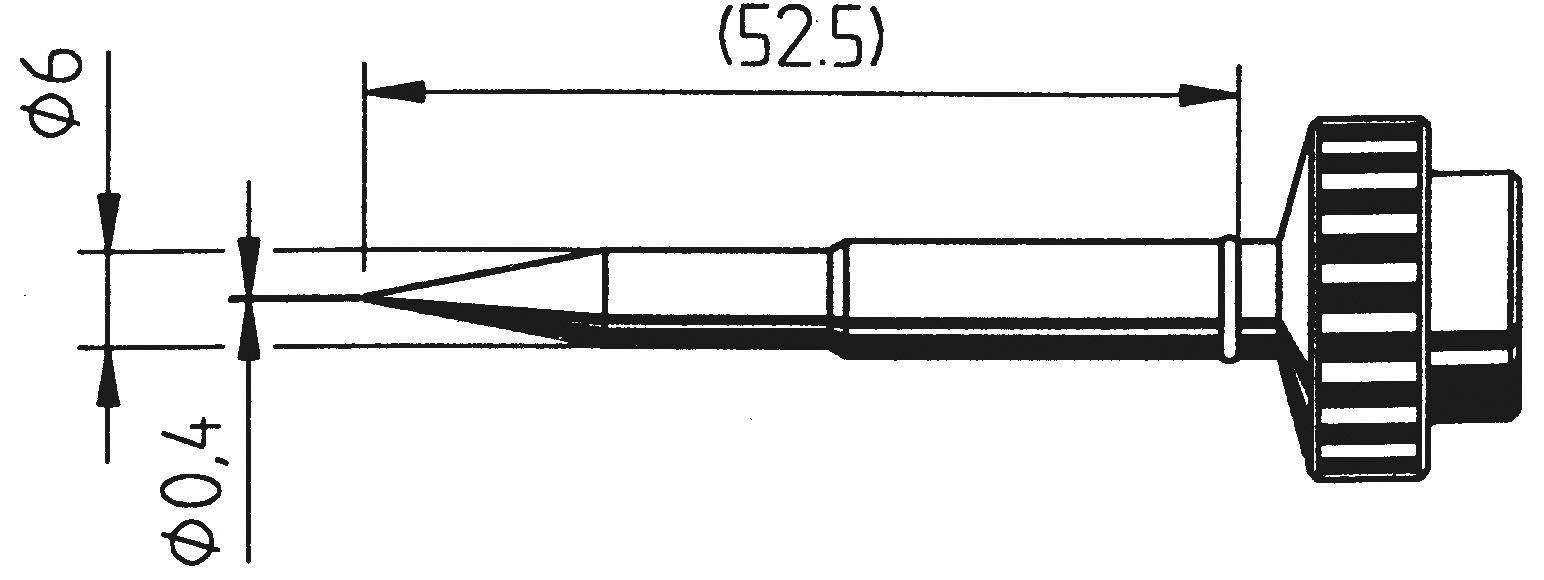 Tekening van een punt met afmetingen: totale lengte 52,5 mm, diameter 6 mm, voorste punt 0,4 mm.