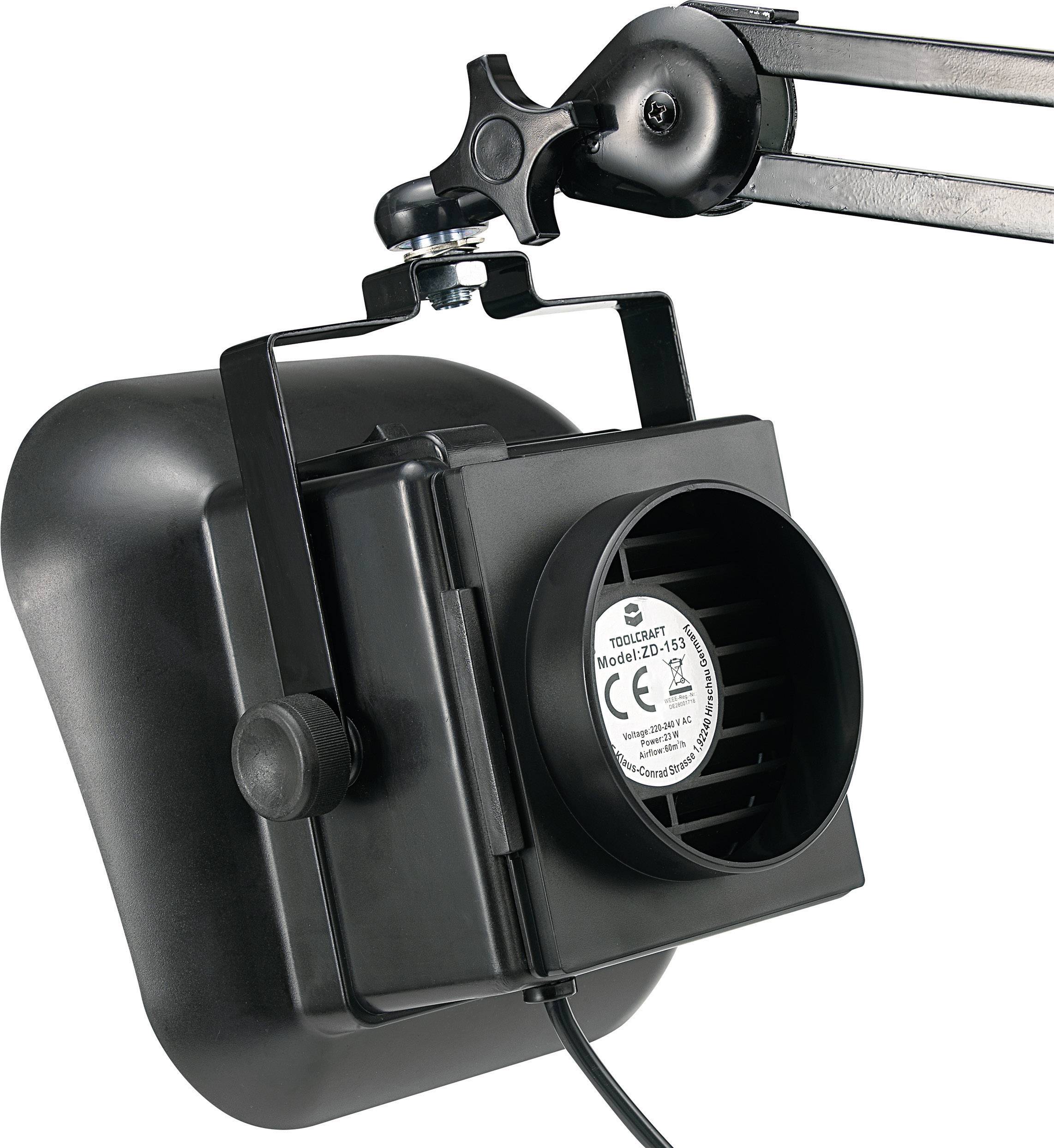 Zwarte ventilator met lange armbevestiging, geschikt voor montage op vaste oppervlakken, modelnummer en CE-markering zichtbaar.