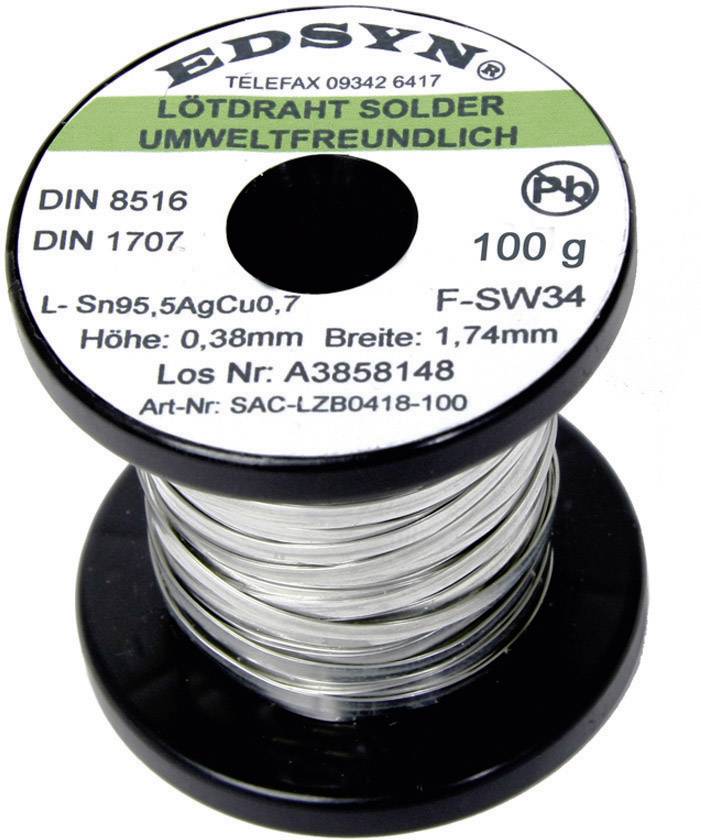 Spoel met milieuvriendelijke soldeerdraaad. Opschrift: 'EDSYN' en technische details zoals legering Sn95,5AgCu0,7, diameter 0,38 mm.