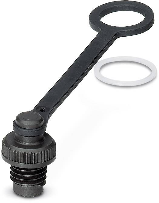 Een zwarte schroefafsluiter met geïntegreerde afdichtingsring en handgreep. Ernaast een enkele witte afdichtingsring.