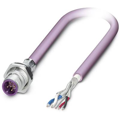 Lila, ongeïsoleerde elektrische kabel met stekkerverbindingen aan één uiteinde, waarbij meerdere gekleurde draden zichtbaar zijn.