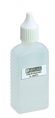 Een plastic fles met een witte draaidop, geëtiketteerd met 'Phoenix Contact CMS-R Fluid I/O Nr. 0808751'. Bevat vloeistof voor technisch gebruik.