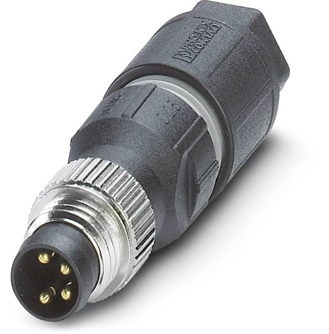 'M12-connector, 4-polig, bovenaanzicht. Zwart kunststof behuizing met metalen schroefdraad.'